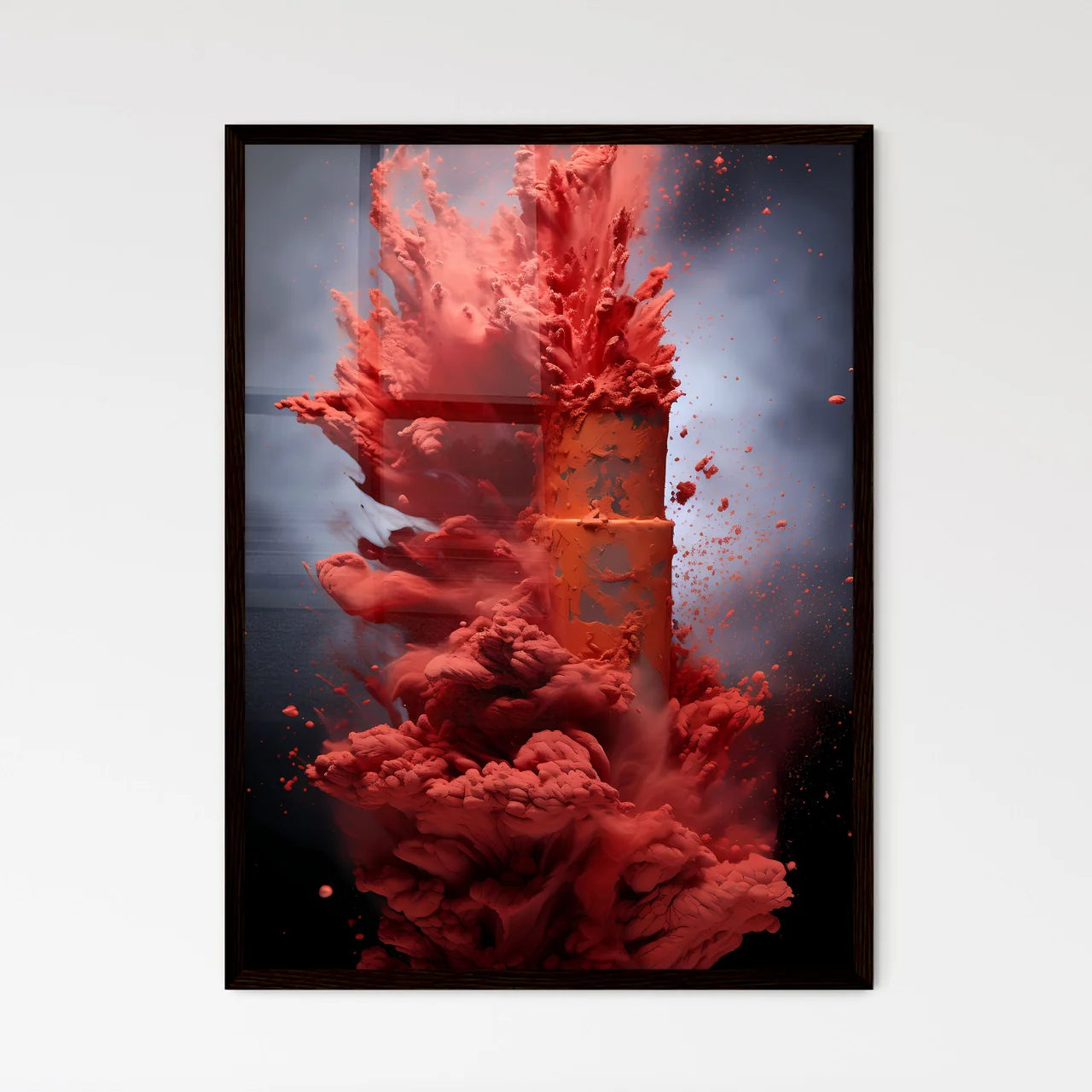 A Poster of powerful explosion of red dust - - Framed Art Print