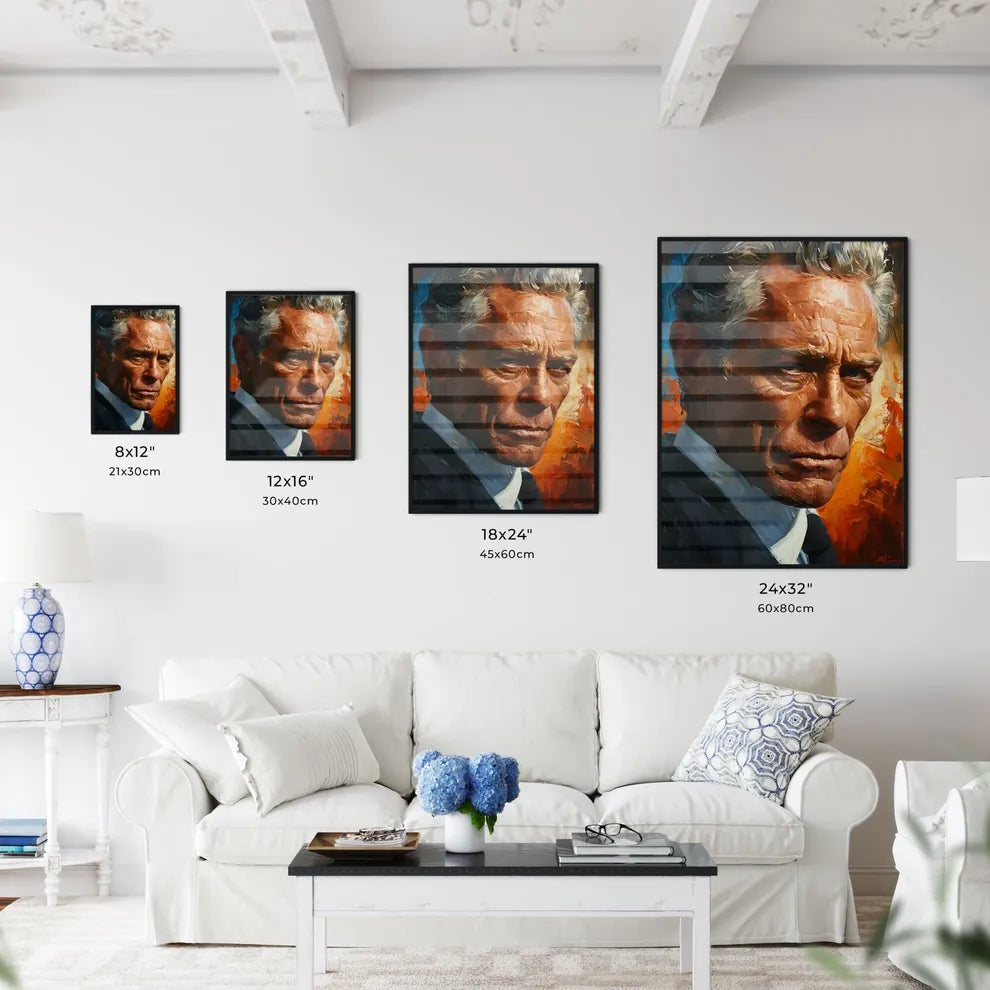 A Poster of Gordon Gekko Portrait with colorful Background  Size Chart