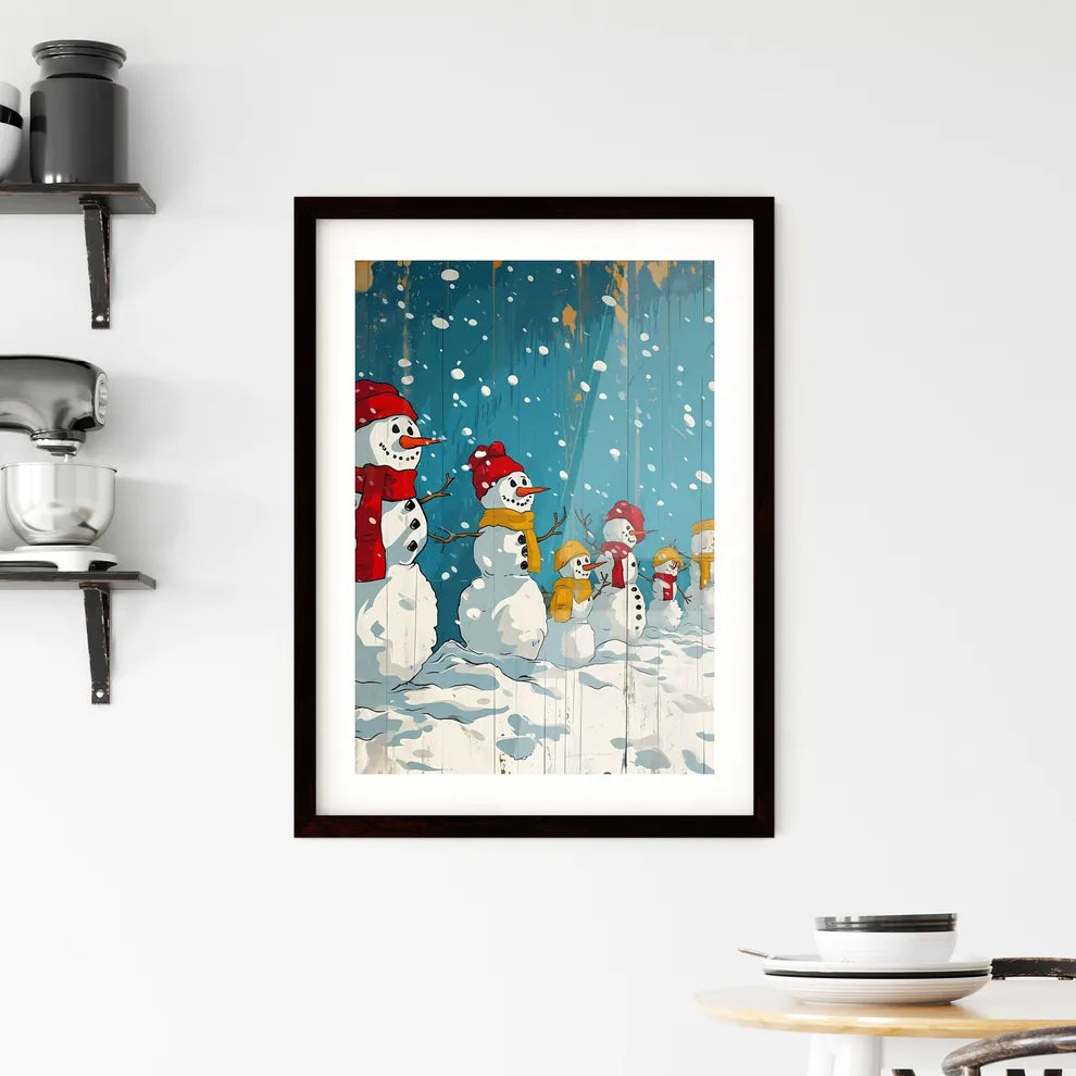 A Poster of snowmen with red scarfs - A Grou Framed Print