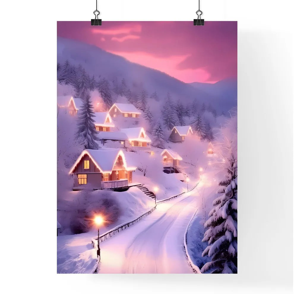 A Poster of beautiful snow scene, pink snow - A Snowy Road With Houses And Trees Poster