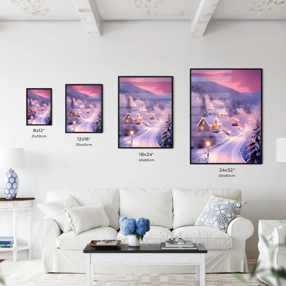A Poster of beautiful snow scene, pink snow - A Snowy Road With Houses And Trees Size Chart