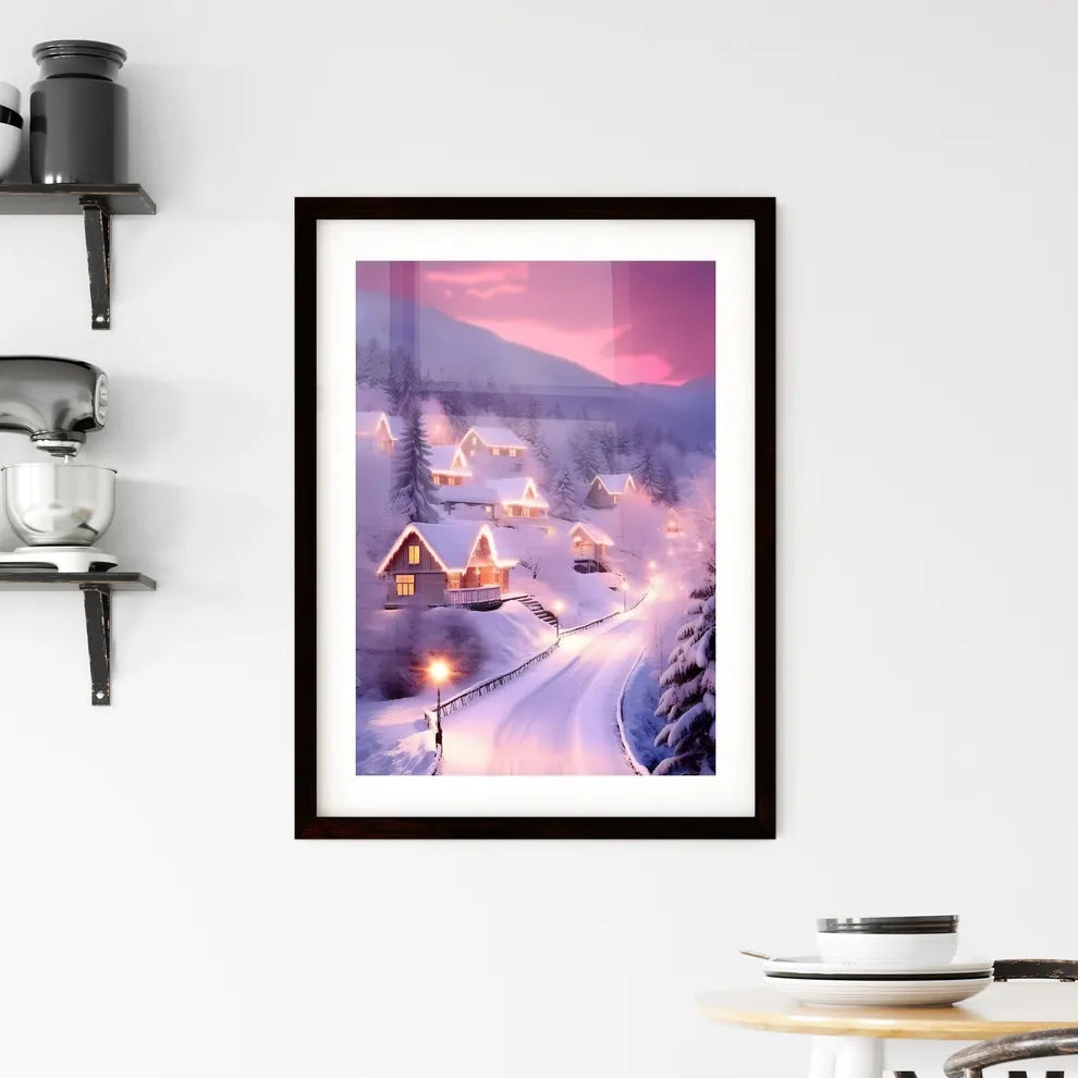 A Poster of beautiful snow scene, pink snow - A Snowy Road With Houses And Trees Custom Print