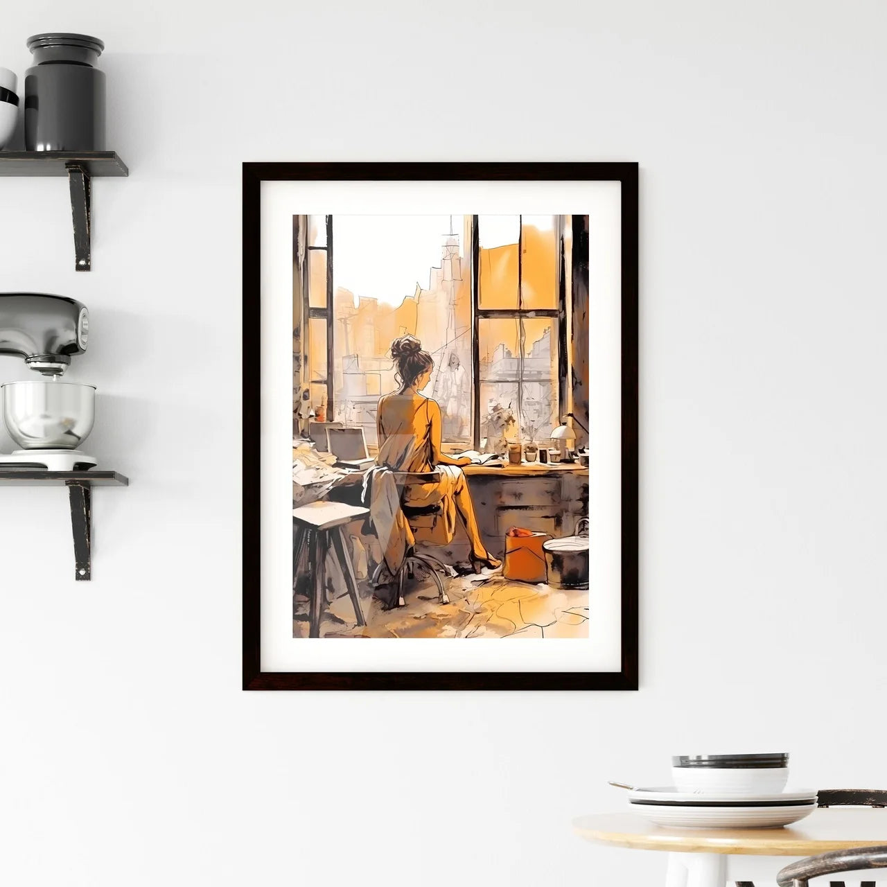 A Poster of Woman working at loft office - A Framed Print