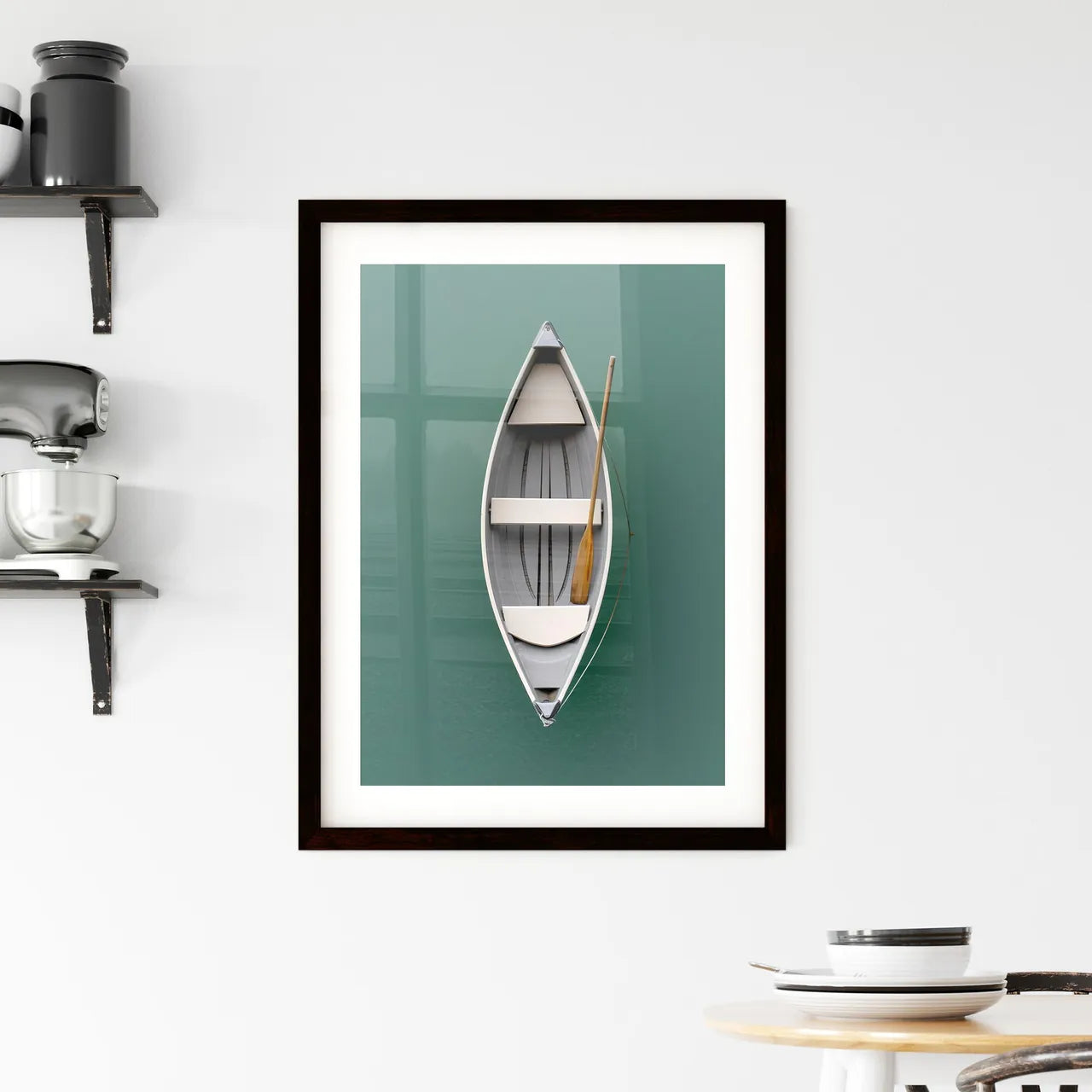 A Poster of flat lay of a retro fishing boat Framed Print