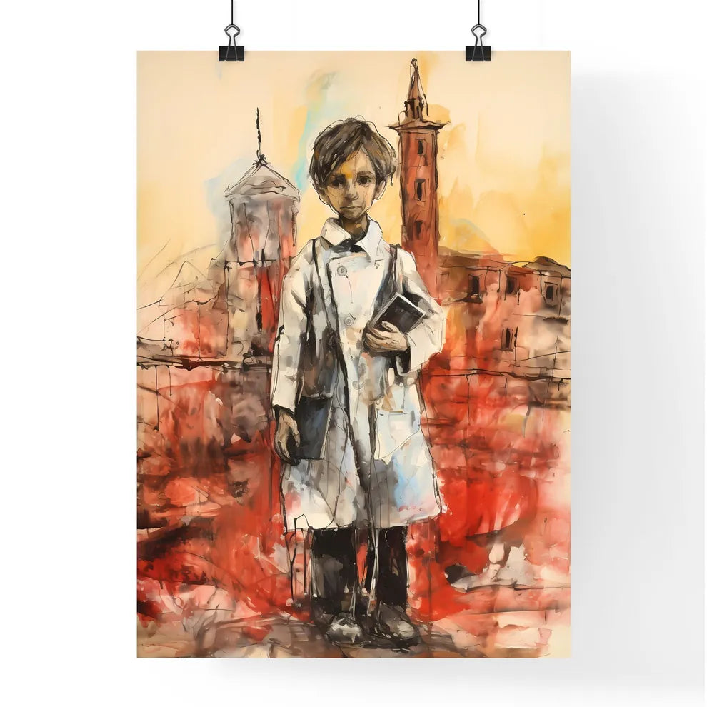 A Poster of kid dressed as a doctor - A Painting Of A Boy Holding A Book Poster