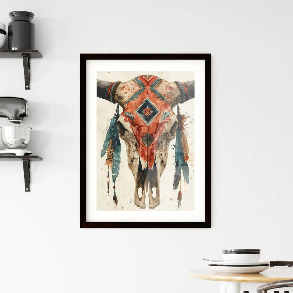 A Poster of native american cow skull  Framed Print