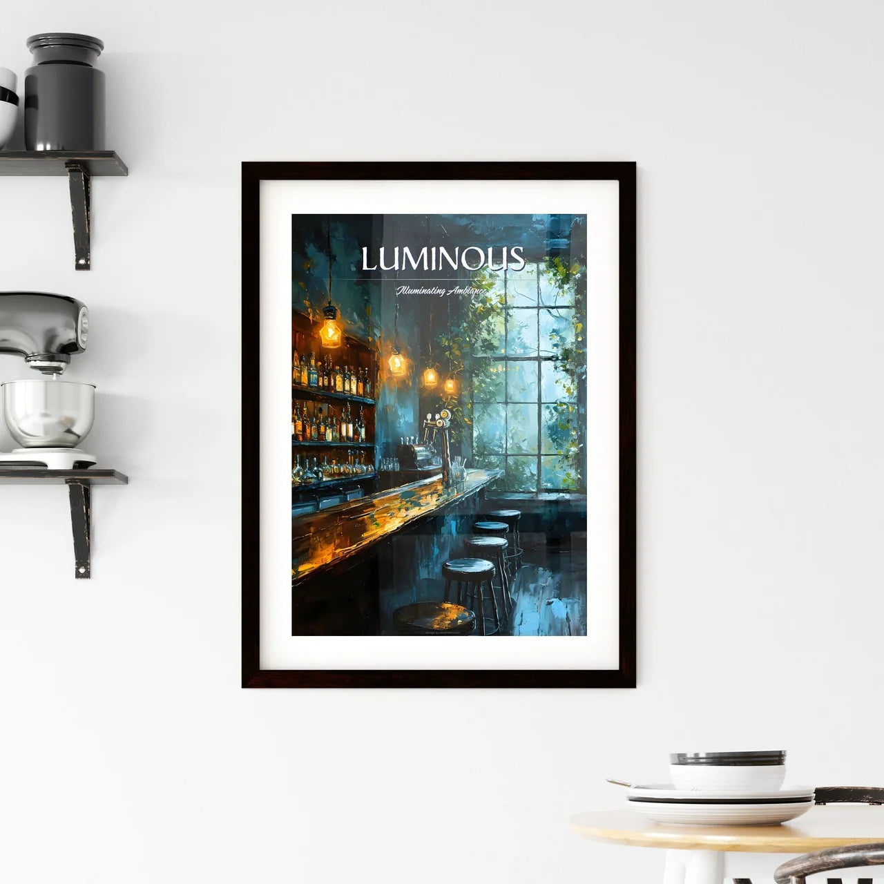 A Poster of bar warm lamp windownight - A Ba Framed Print