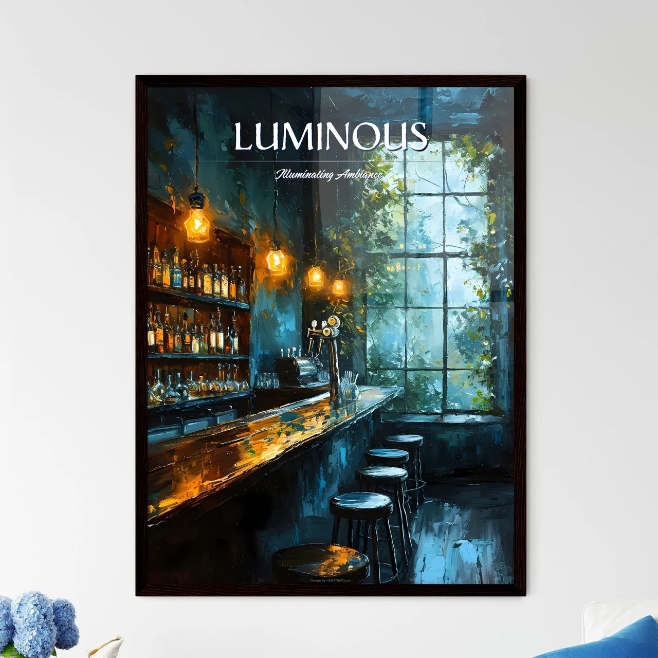 A Poster of bar warm lamp windownight - A Ba - Framed Art Print
