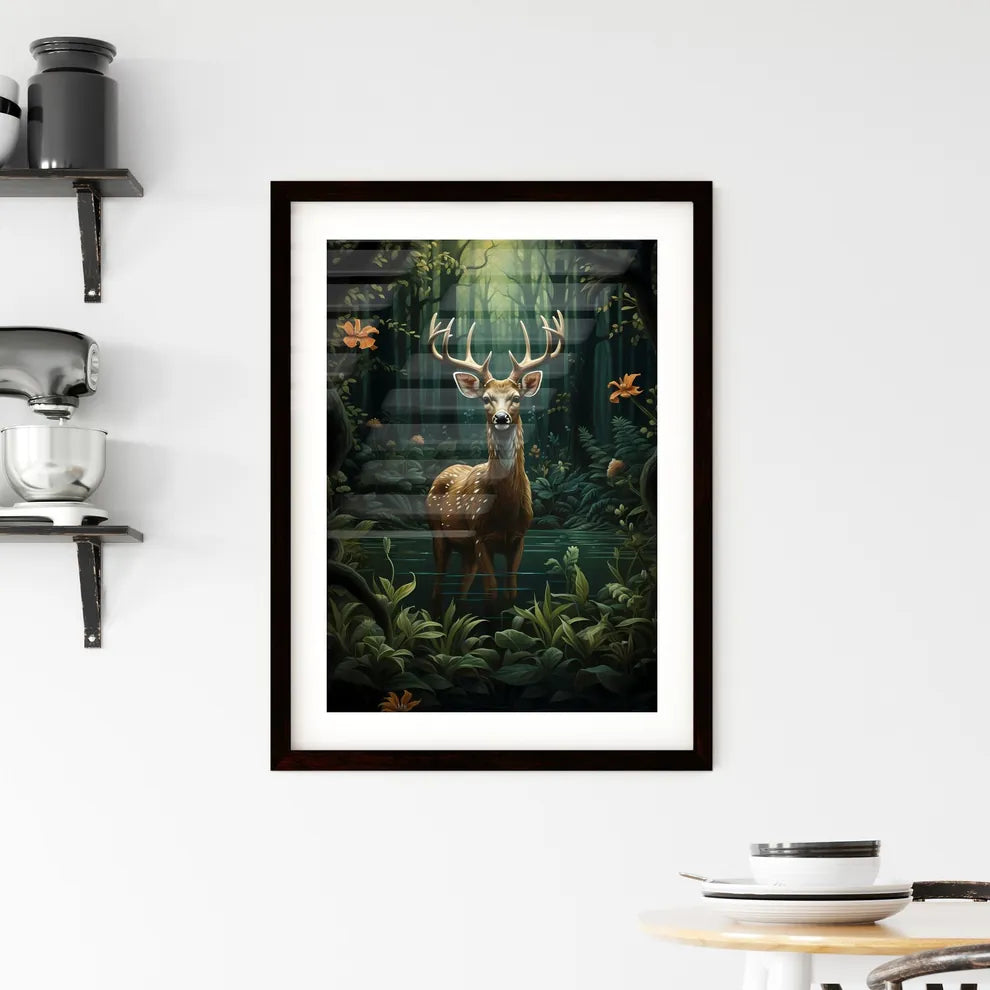 A Poster of deer in the forest  Framed Print