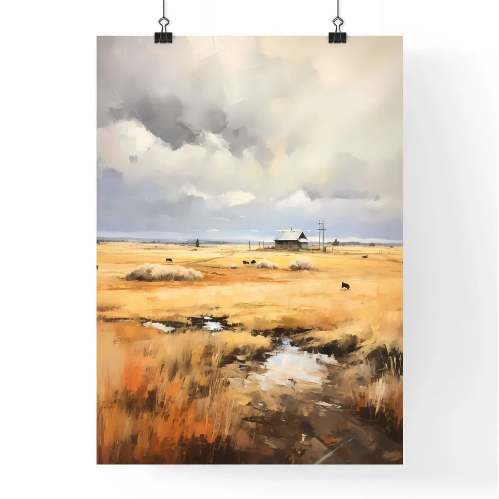 A Poster of Farm on The Plains of Obscurity - A Field With Cows And A House Poster