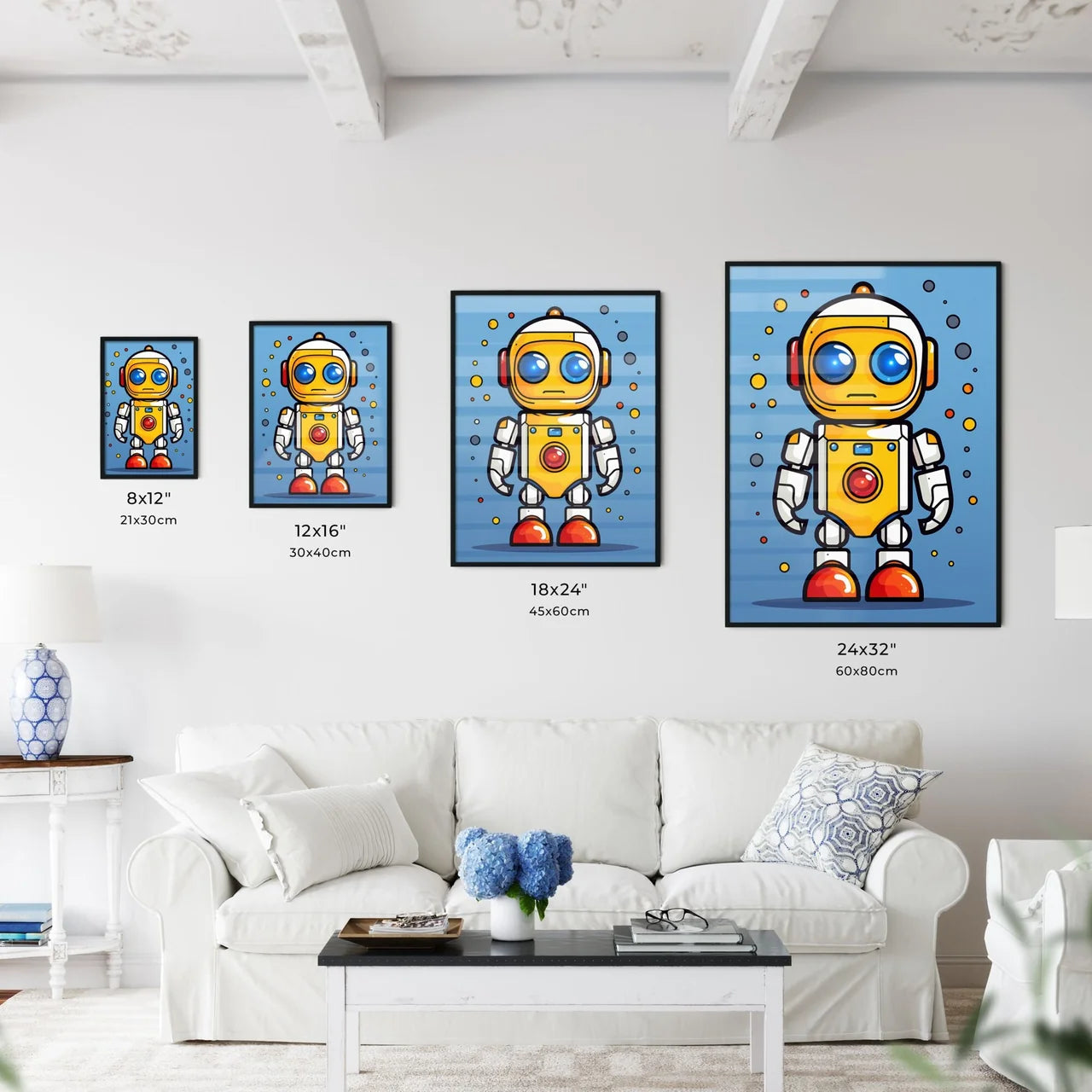 A Poster of minimalist robot art  Size Chart