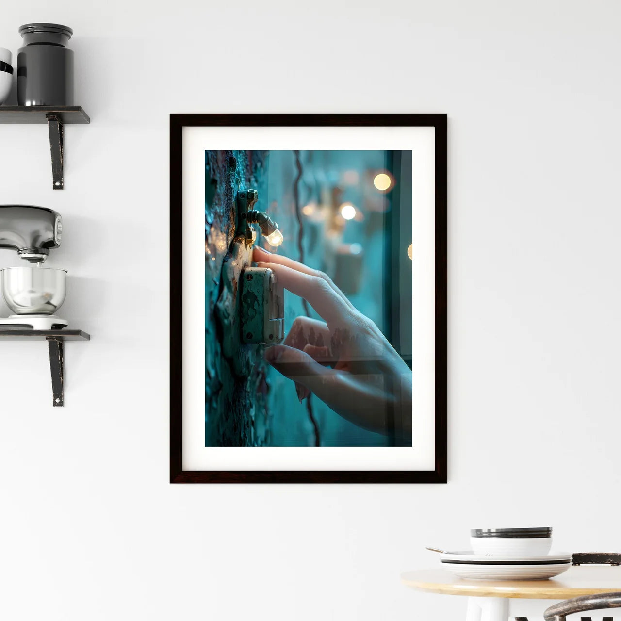 A Poster of photography of a hand turning on Framed Print