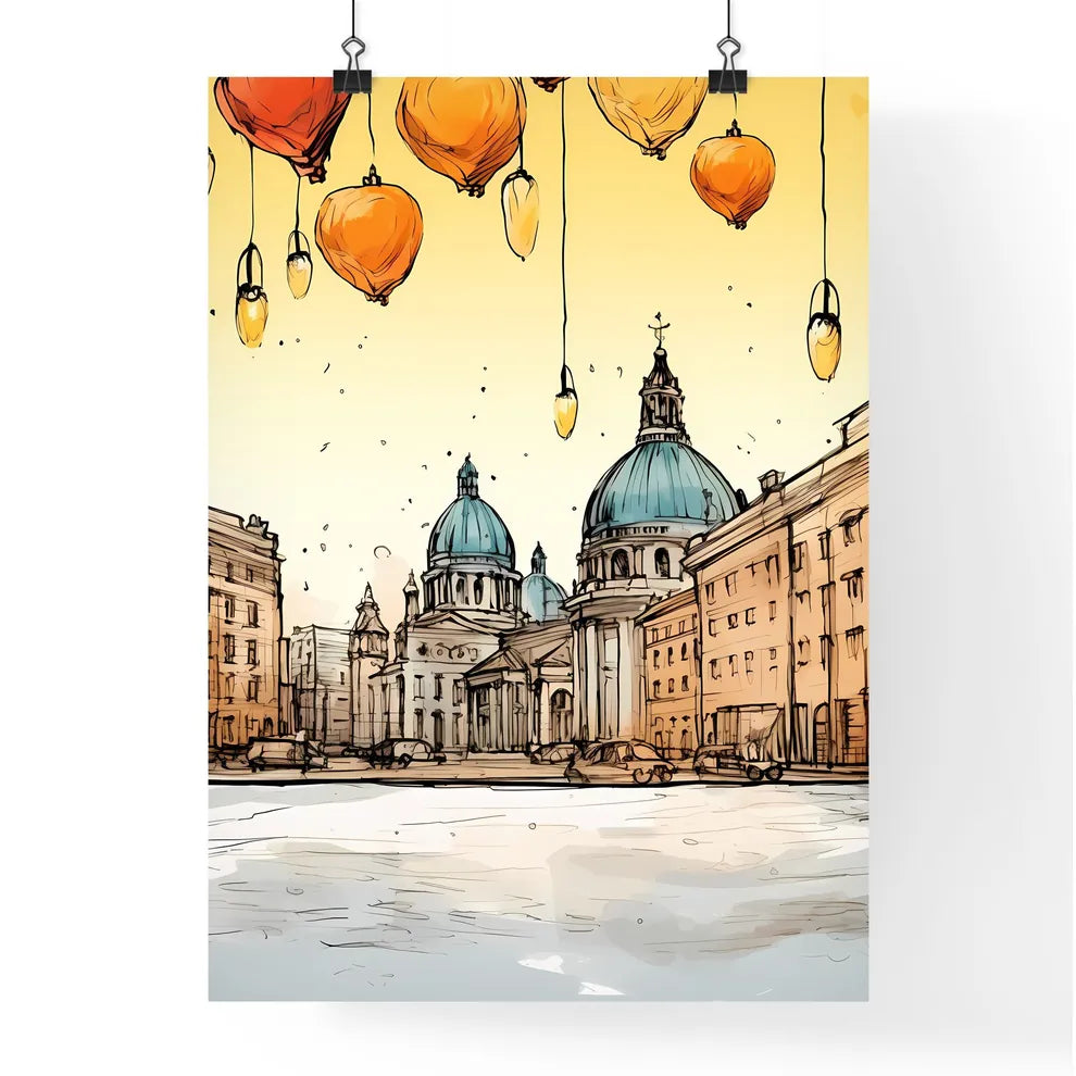 A Poster of Christmas greeting poster with christmas decorations - A Drawing Of A City With Buildings And Lanterns Poster