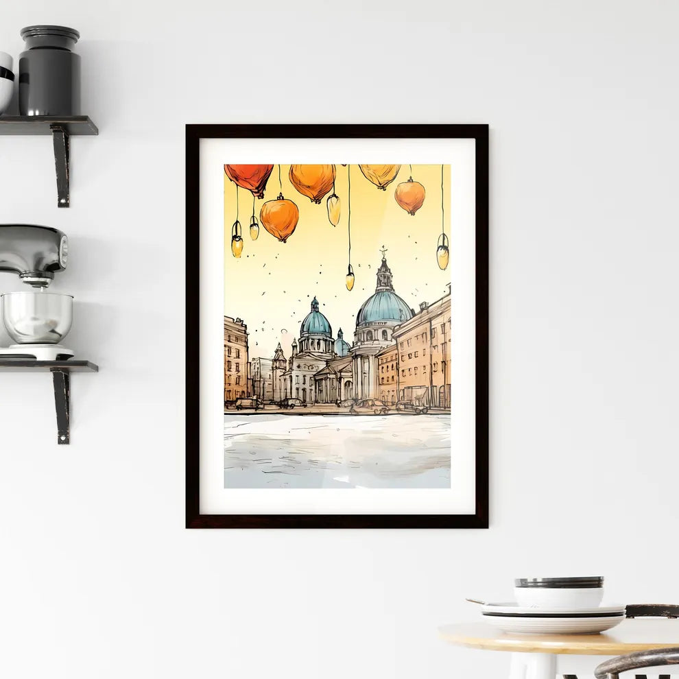 A Poster of Christmas greeting poster with christmas decorations - A Drawing Of A City With Buildings And Lanterns Custom Print