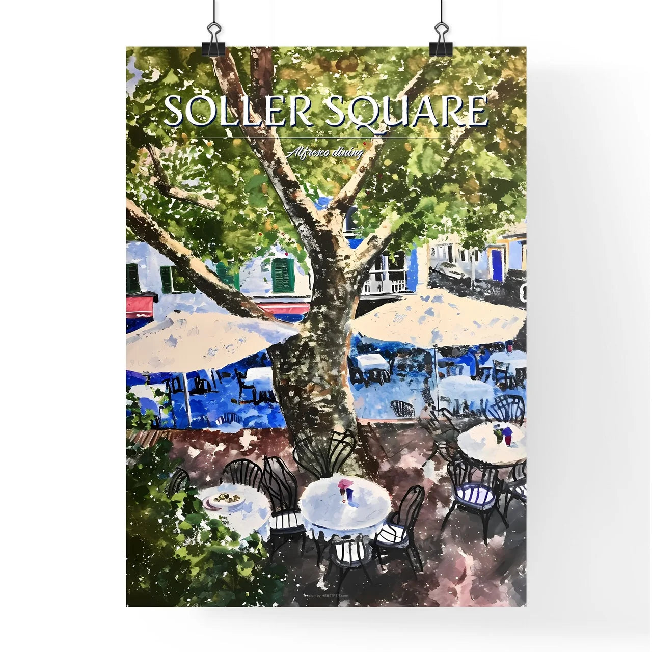 A Poster of Mallorcan town square of Soller - A Tree With Tables And Chairs Under A Tree Poster