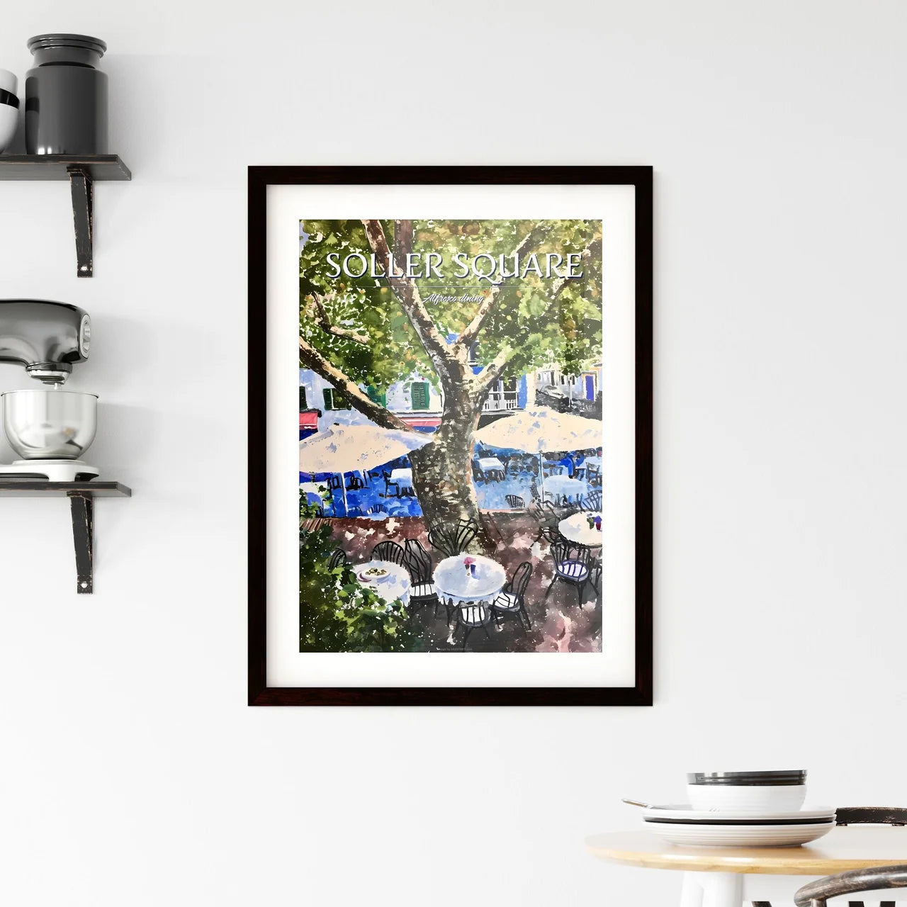 A Poster of Mallorcan town square of Soller - A Tree With Tables And Chairs Under A Tree Custom Print