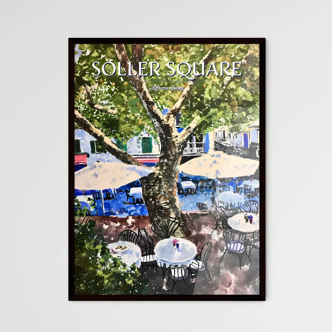 A Poster of Mallorcan town square of Soller - A Tree With Tables And Chairs Under A Tree Framed Art