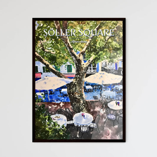 A Poster of Mallorcan town square of Soller - A Tree With Tables And Chairs Under A Tree Framed Art
