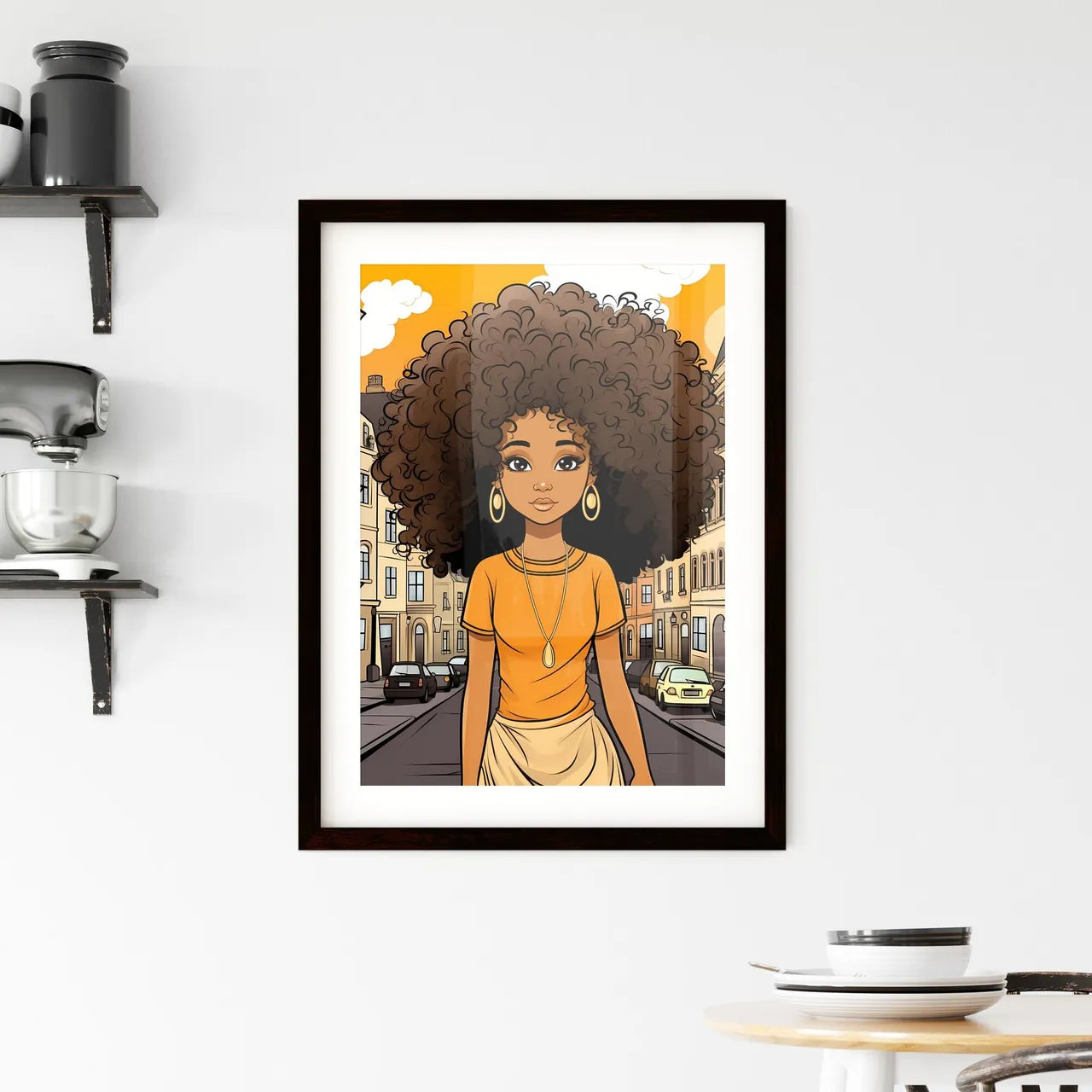 A Poster of cute afro girl - Cartoon Of A Woman With Big Curly Hair Custom Print
