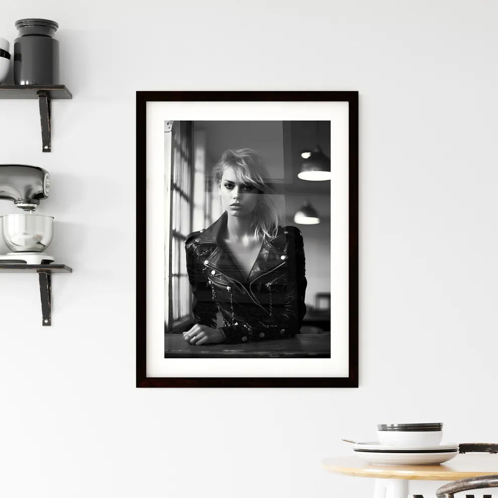 A Poster of leather goddess in a trendy kitc Framed Print