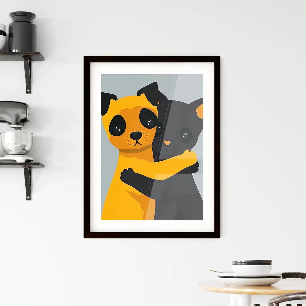 A Poster of two dogs holding each other  Framed Print