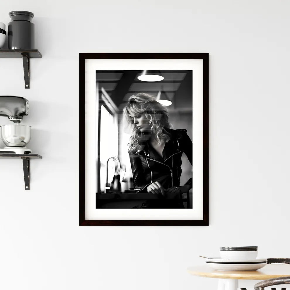 A Poster of leather goddess in a trendy kitc Framed Print
