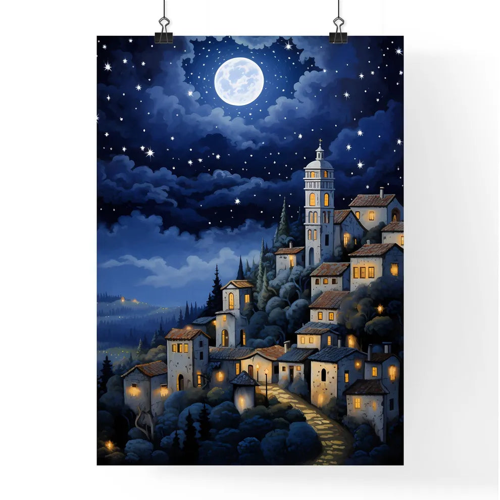 A Poster of painting of a night scene - A Painting Of A Town On A Hill Poster