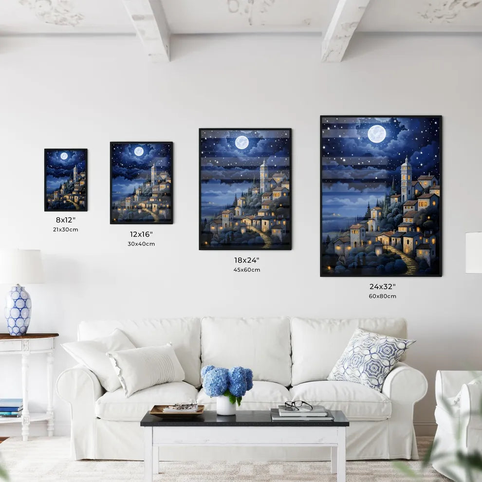 A Poster of painting of a night scene - A Painting Of A Town On A Hill Size Chart