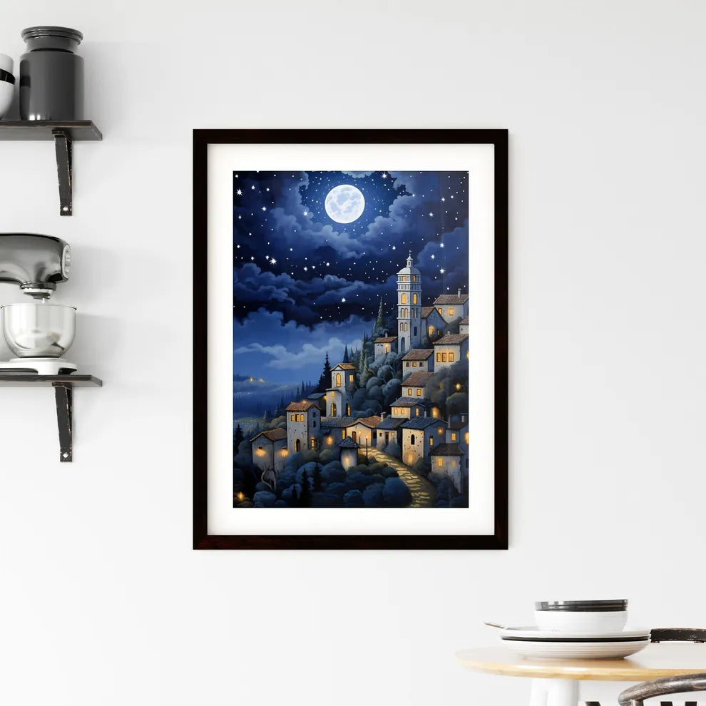 A Poster of painting of a night scene - A Painting Of A Town On A Hill Custom Print