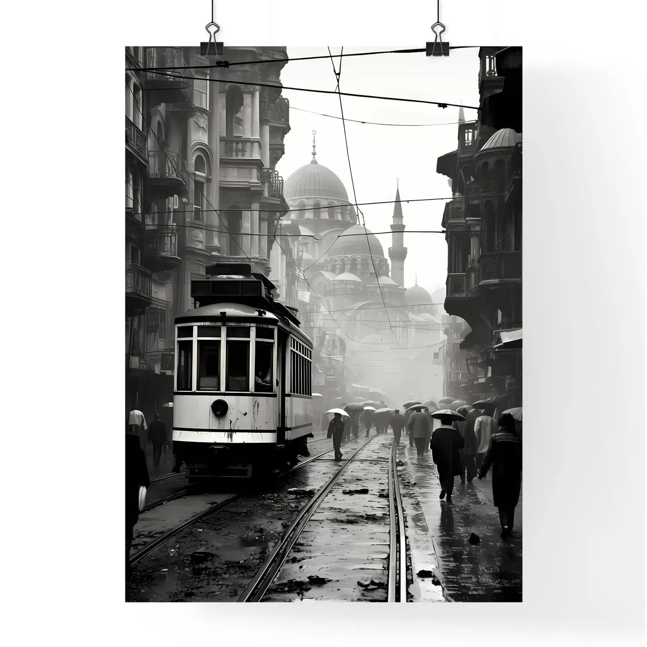 A Poster of Istanbul - A Trolley On A Street With People Walking On It Poster