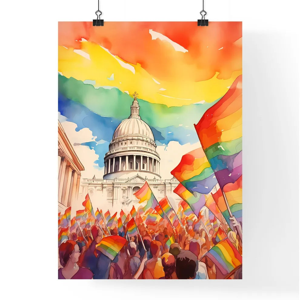 A Poster of lgbt pride illustration - A Group Of People Holding Rainbow Flags In Front Of A Building Poster