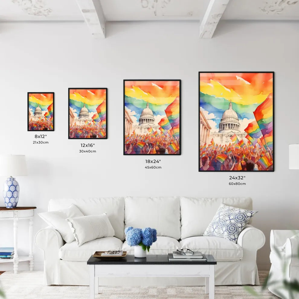 A Poster of lgbt pride illustration - A Group Of People Holding Rainbow Flags In Front Of A Building Size Chart