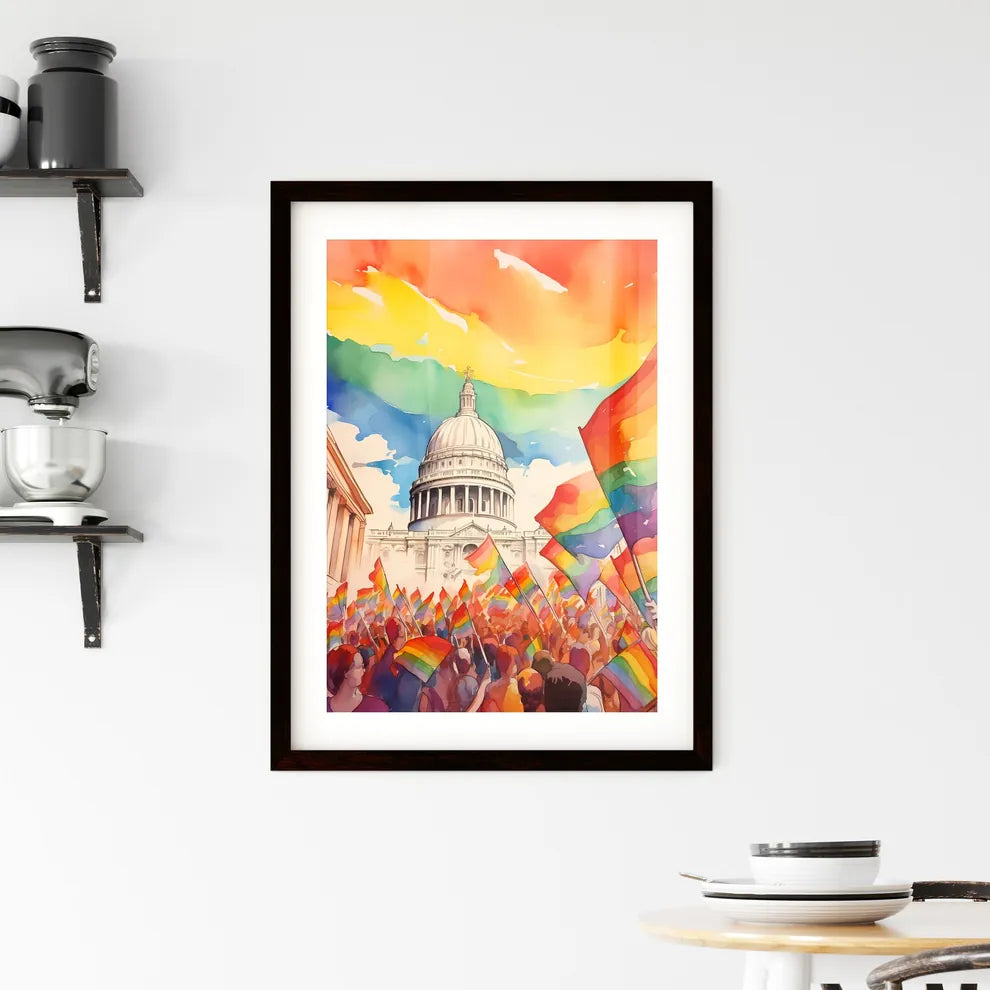 A Poster of lgbt pride illustration - A Group Of People Holding Rainbow Flags In Front Of A Building Custom Print