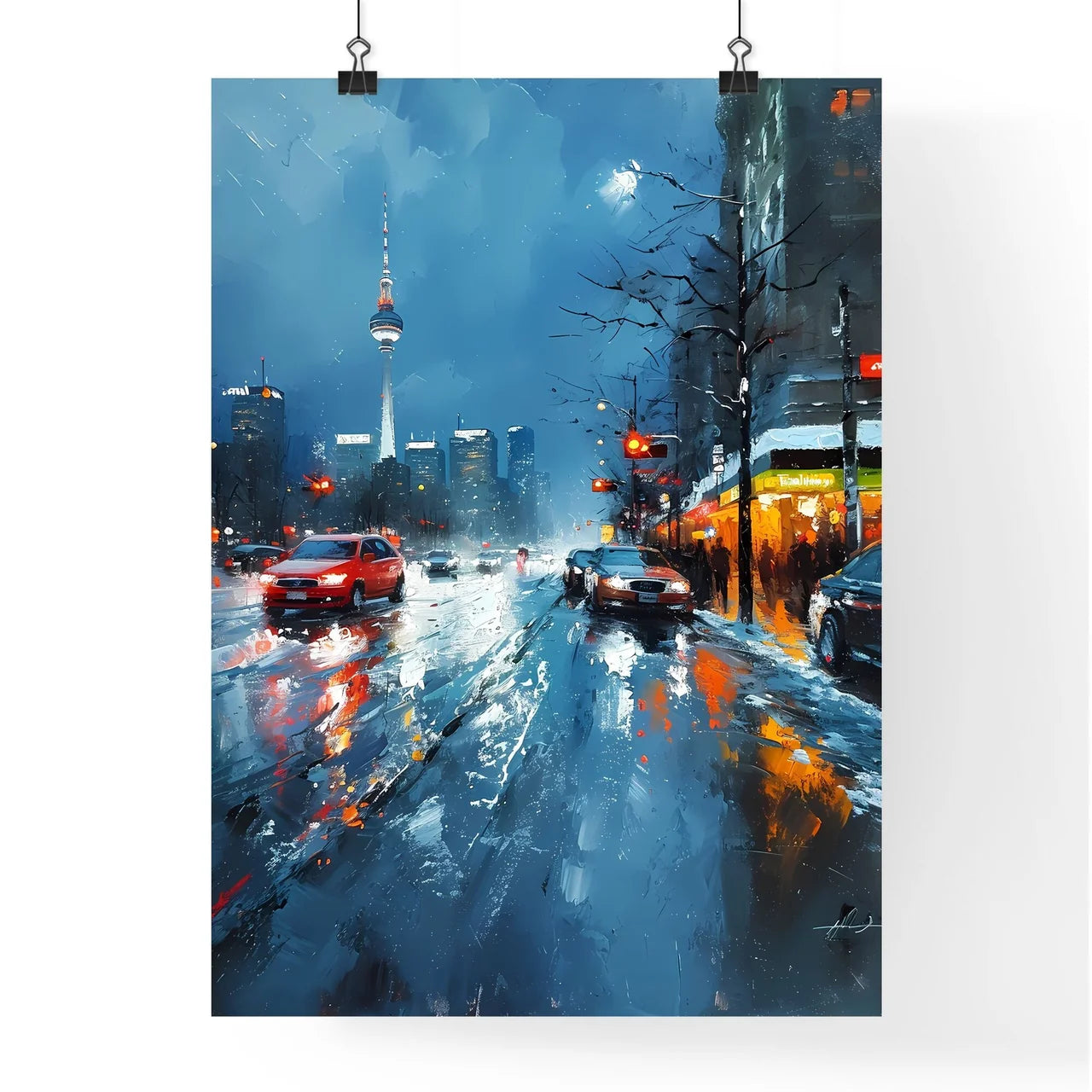 A Poster of Berlin Germany Skyline - A City Street With Cars And A Tower In The Background Poster