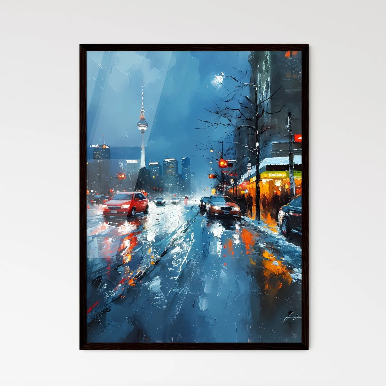 A Poster of Berlin Germany Skyline - A City Street With Cars And A Tower In The Background Framed Art