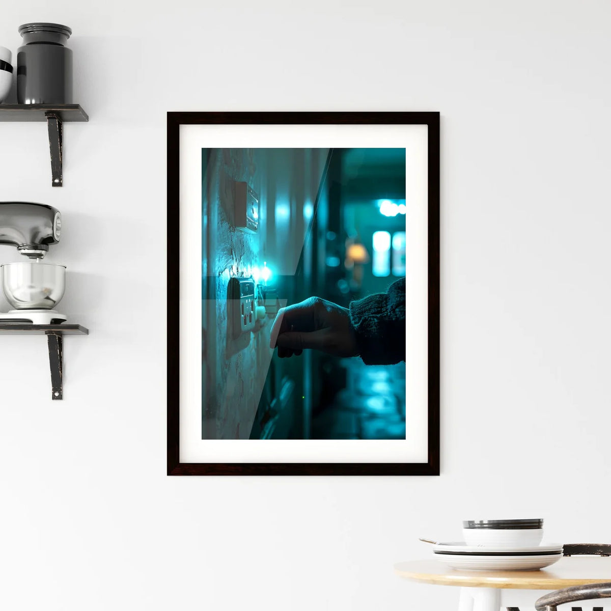 A Poster of photography of a hand turning on Framed Print