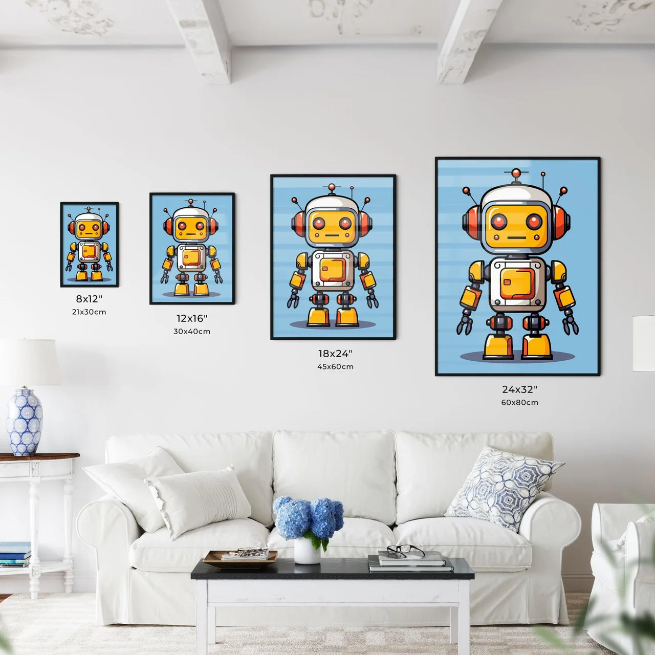 A Poster of minimalist robot art - A Cartoon - Framed Art Print