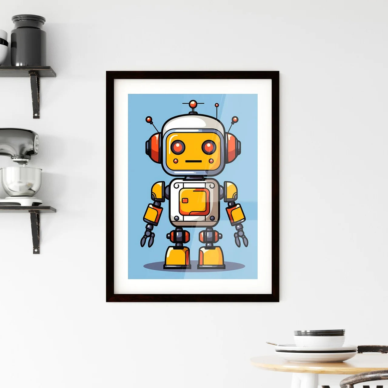 A Poster of minimalist robot art - A Cartoon - Framed Art Print