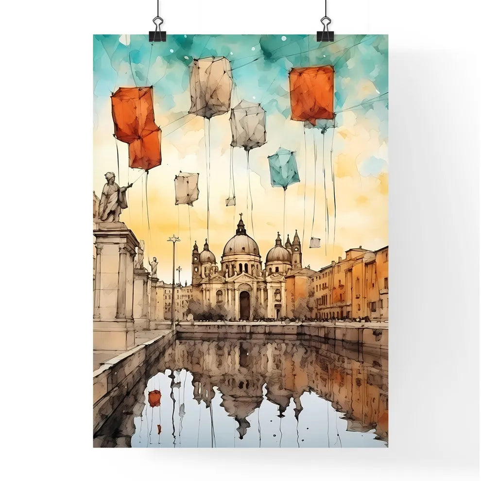 A Poster of Christmas greeting poster with christmas decorations - A Water Body With A Building And A Statue Poster