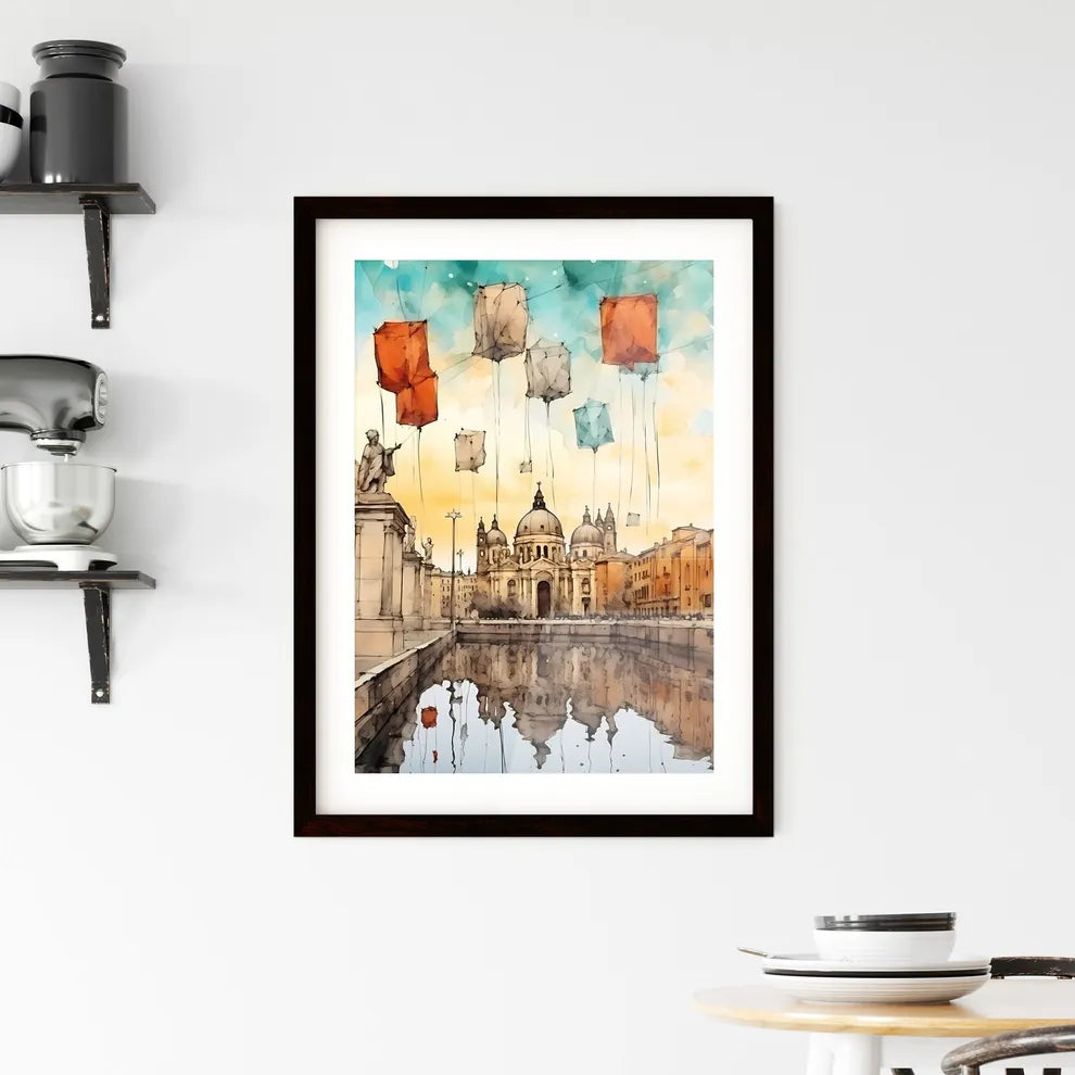 A Poster of Christmas greeting poster with christmas decorations - A Water Body With A Building And A Statue Custom Print