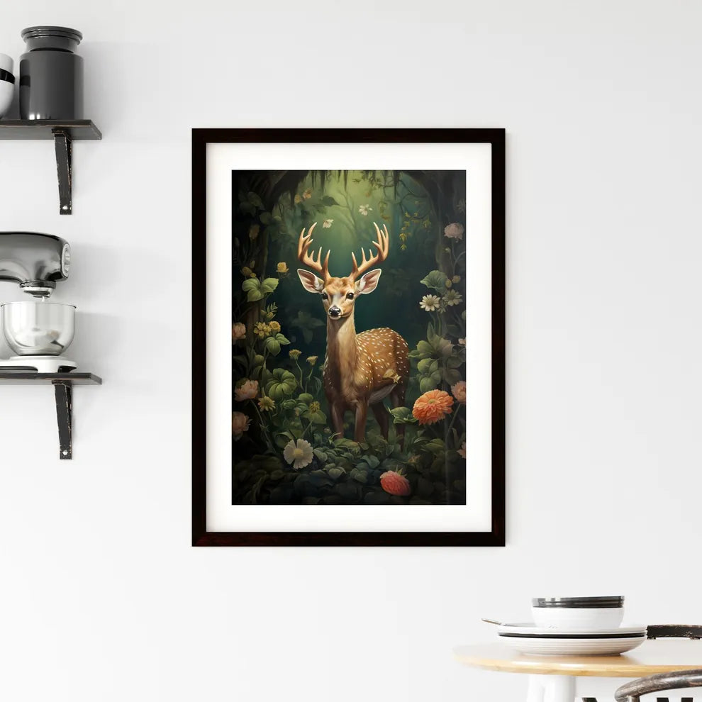 A Poster of deer in the forest  Framed Print