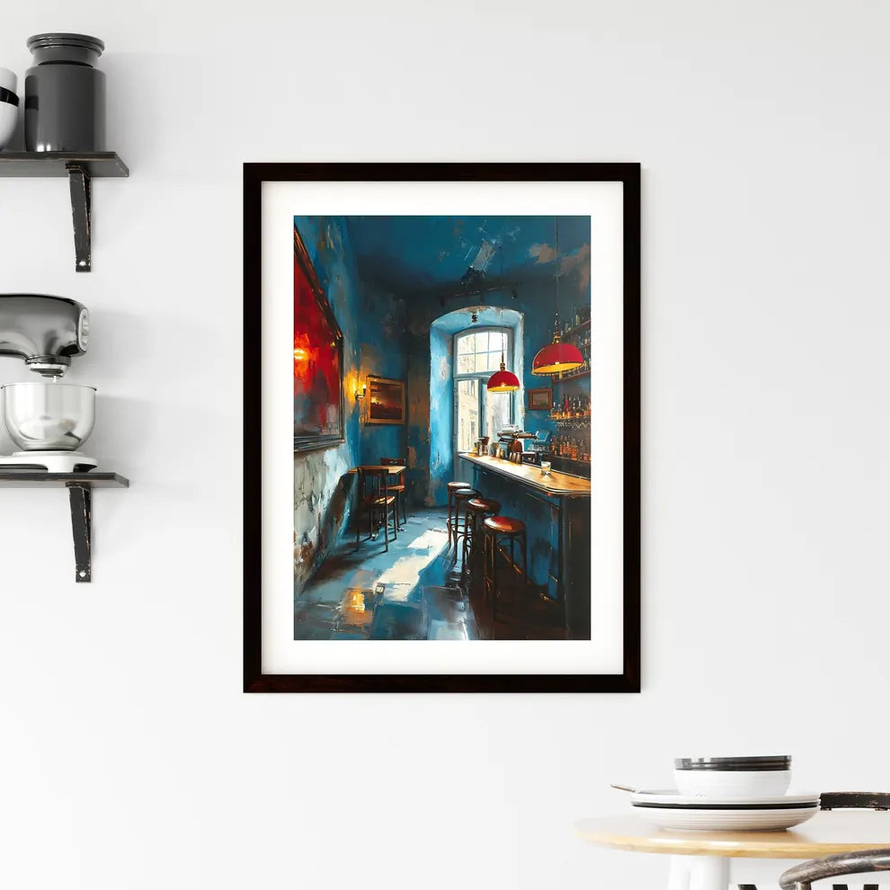 A Poster of bar warm lamp windownight - A Ba Framed Print
