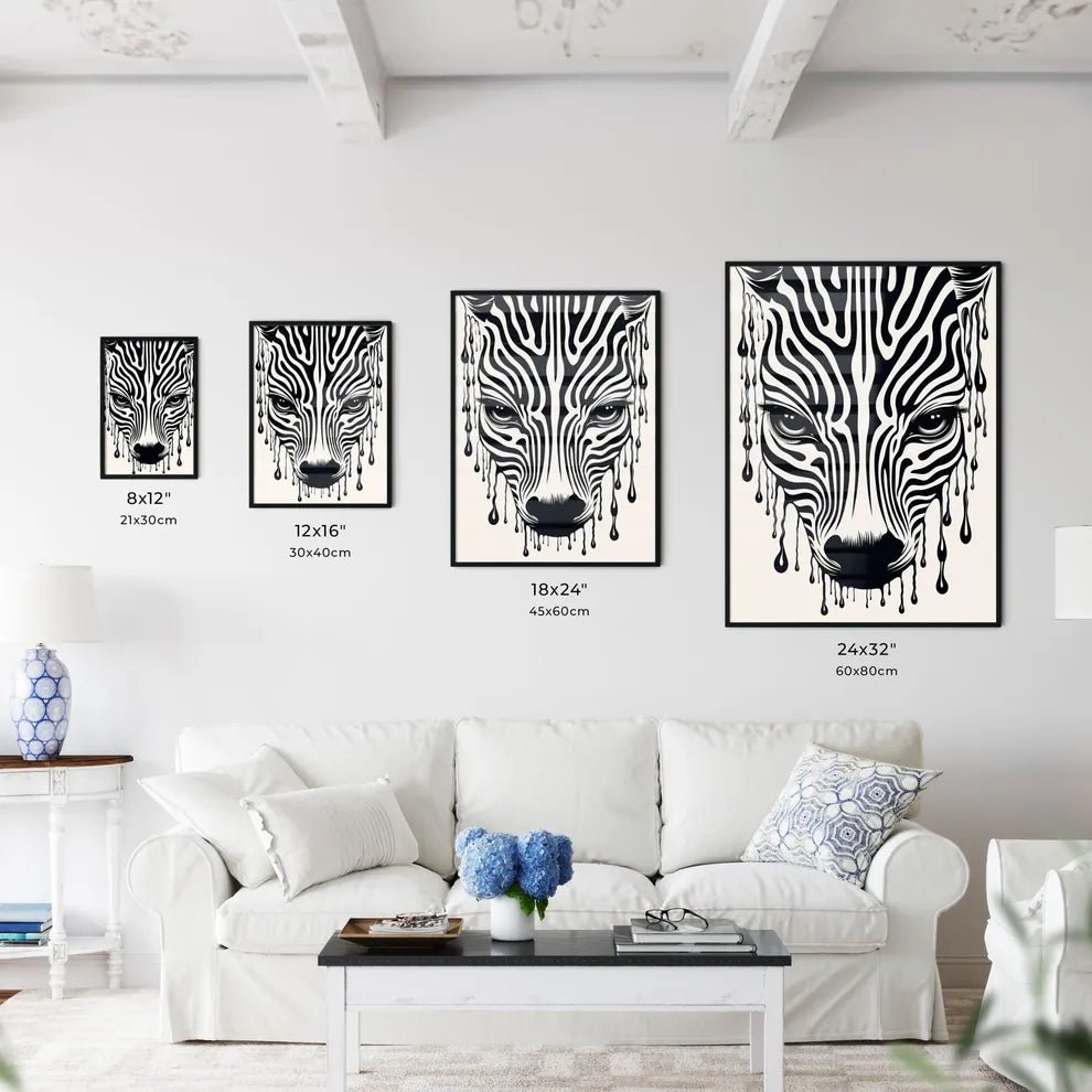 A Poster of linocut line art of a zebras stripes  Size Chart