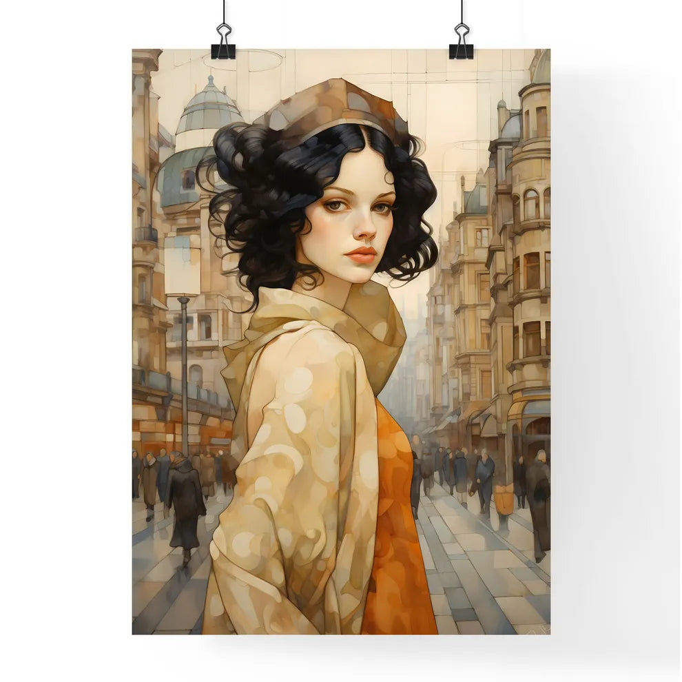 A Poster of art deco noveaux - A Woman In A City Street Poster