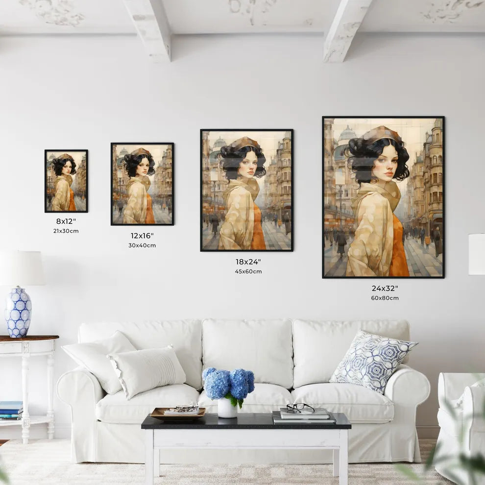 A Poster of art deco noveaux - A Woman In A City Street Size Chart