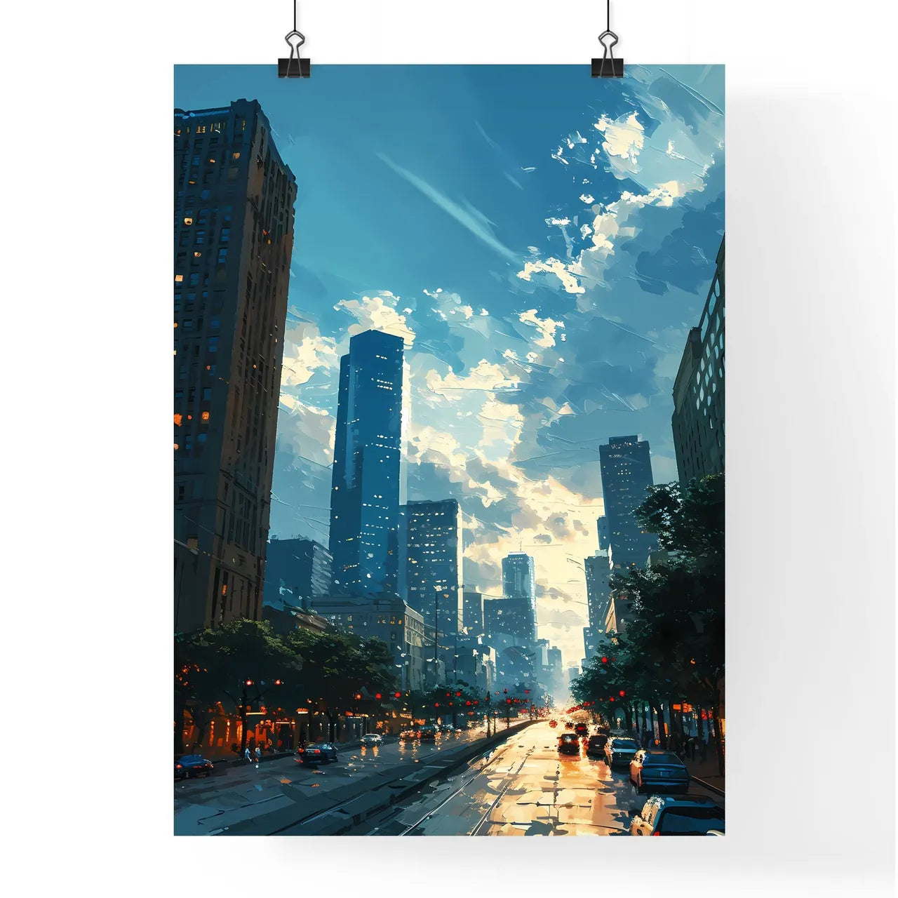 A Poster of Houston Skyline - A City Street With Tall Buildings Poster