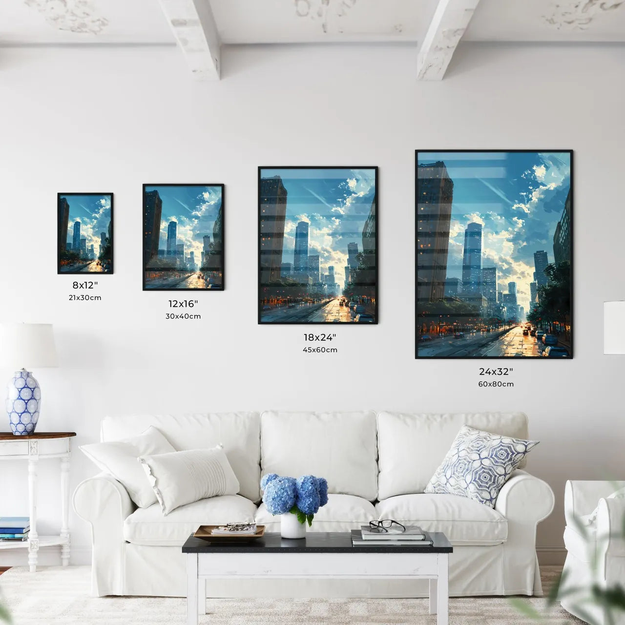 A Poster of Houston Skyline - A City Street With Tall Buildings Size Chart