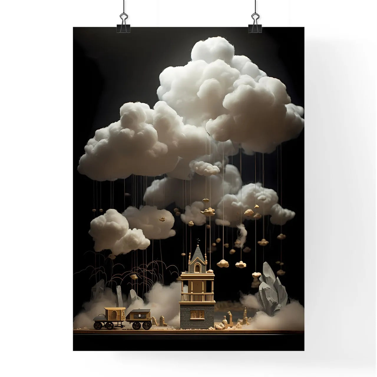 A Poster of clouds are over a dark backgroun Poster