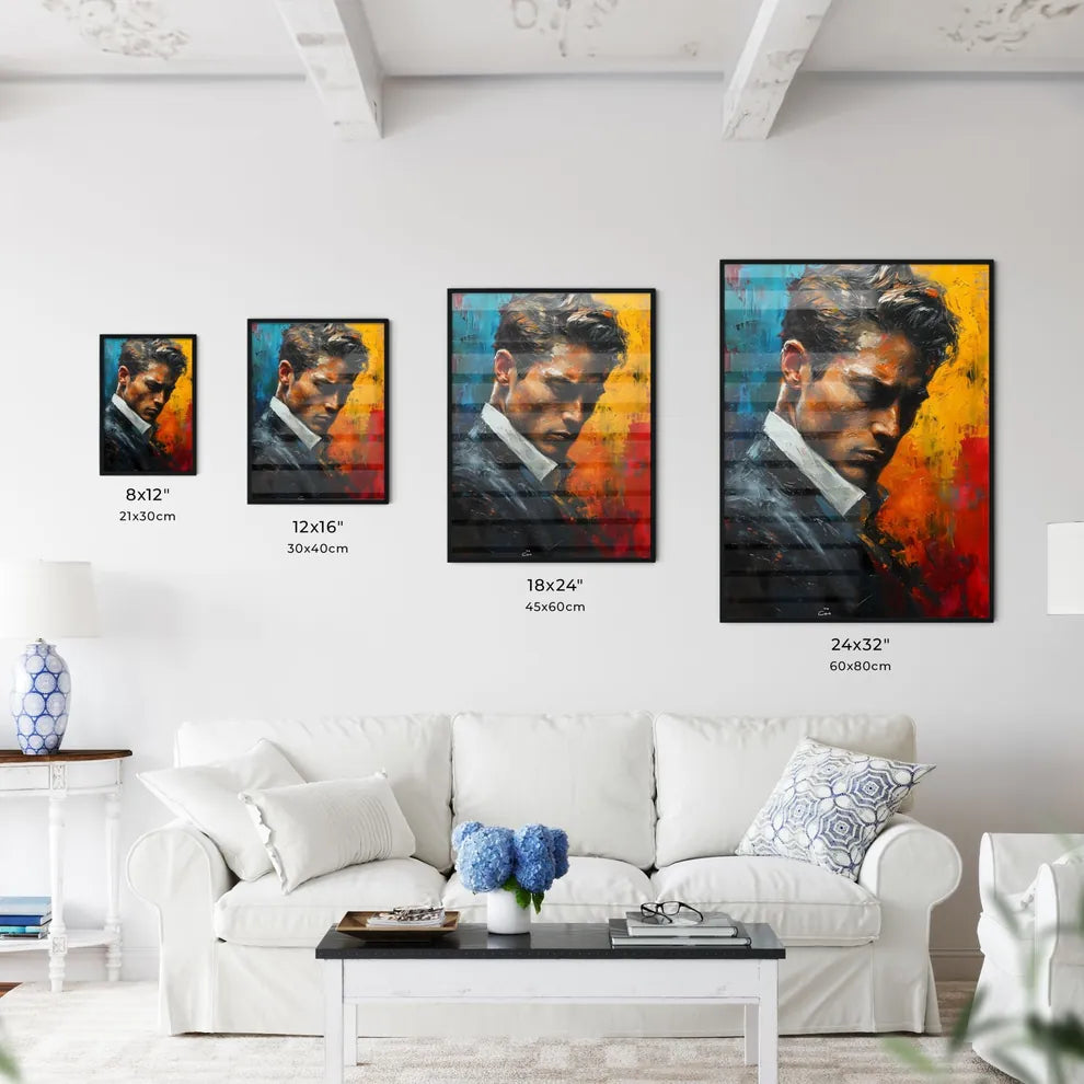 A Poster of Gordon Gekko Portrait with colorful Background  Size Chart