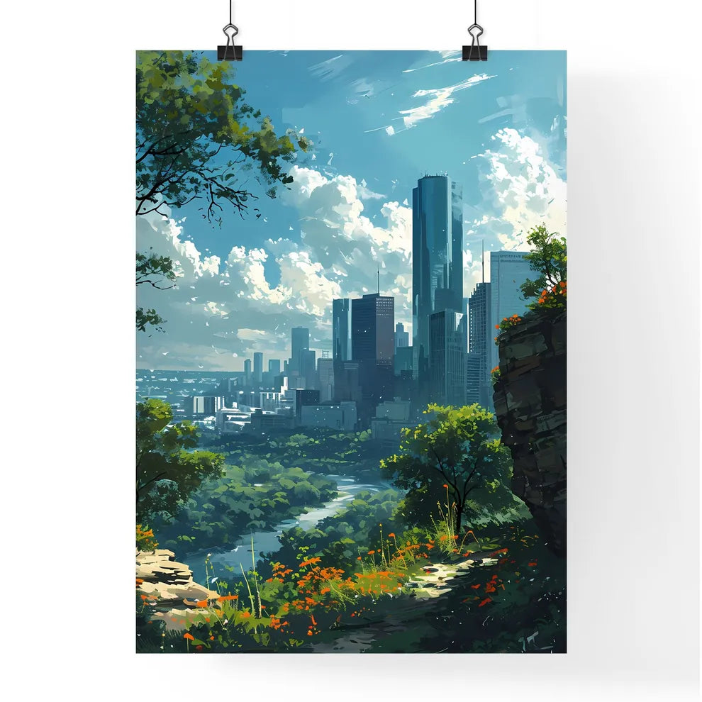 A Poster of Houston Skyline - A City Landscape With Trees And A River Poster